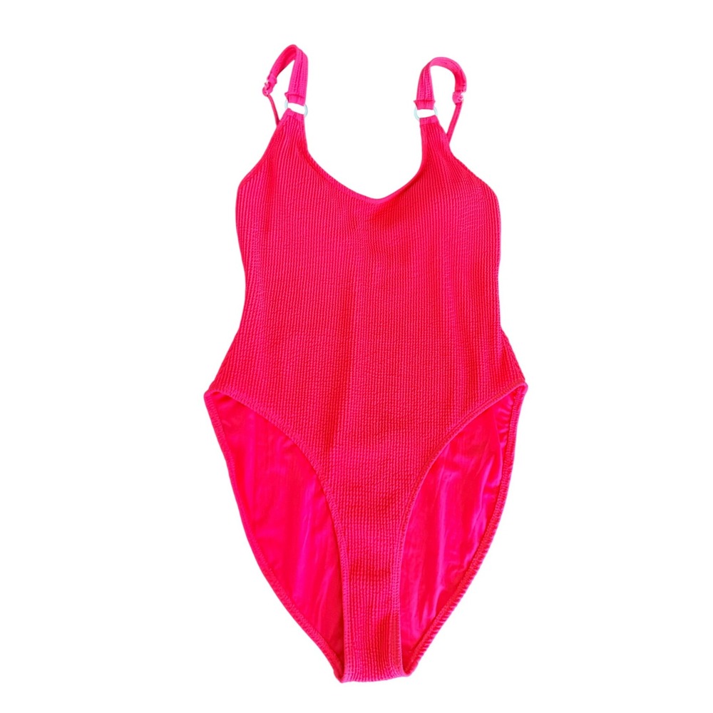 Bikini Bliss Women Hot Pink Crinkle Textured One Piece Swimsuit Size L High Cut
